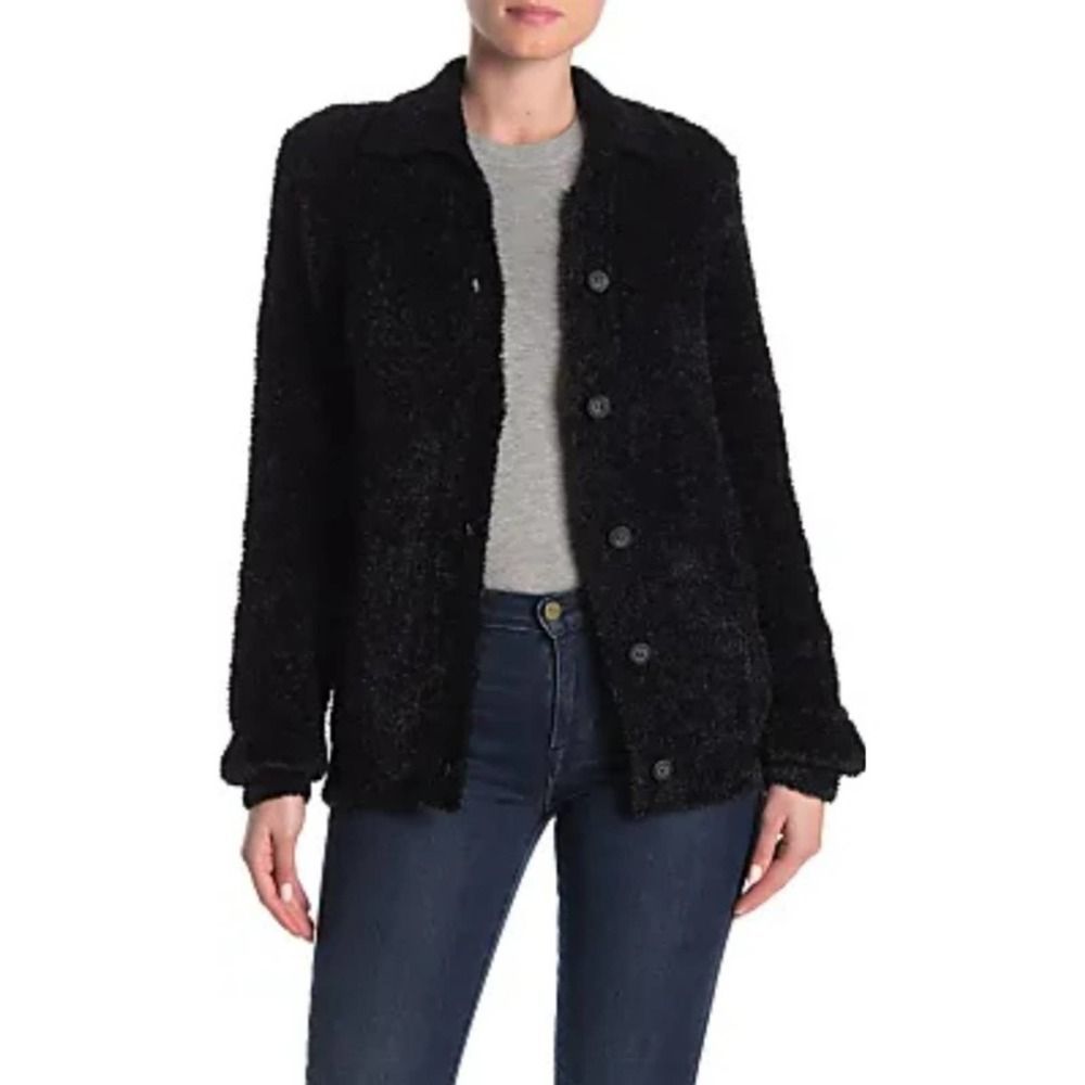Susina Teddy Faux Fur Black Cardigan Sweater L